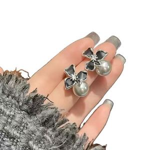 Fashion Zircon Grey Imitation Pearl <b>Earrings</b> for Women Girls French Retro Style <b>Black</b> Flowers <b>Stud</b> <b>Earrings</b> Jewelry Accessories - Product Image 2