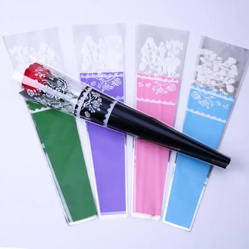 LONGSUN-Manga de envoltura de flores biodegradable, con estampado de encaje para flores cortadas, manga de plástico de una sola flor