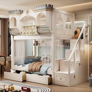 Lit superposé en bois pour enfants, design <span class=keywords><strong>château</strong></span> <span class=keywords><strong>de</strong></span> luxe européen, avec rangement, lit superposé double avec toboggan - Product Image 3