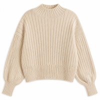 Pull en maille côtelée à col montant pour femme, coupe courte, manches lanternes longues, coupe ample, couleur avoine, hiver