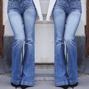 Jeans en denim délavé coupe basse, skinny et évasée, style rétro, tendance, pour femmes et jeunes filles, personnalisables OEM - Product Image 1