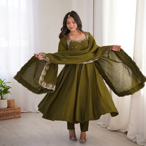 Olive <b>Green</b> <b>Silk</b> Anarkali Suit Set Dupatta Silver Embroidered Indian/Pakistani Ethnic Wedding Wear for Women Floor-Length - Product Image 1