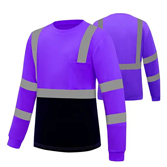 140 г, 100% Полиэстеровая сетчатая Защитная футболка для мужчин с высокой видимостью, светоотражающая Рабочая футболка с длинным рукавом и черным низом