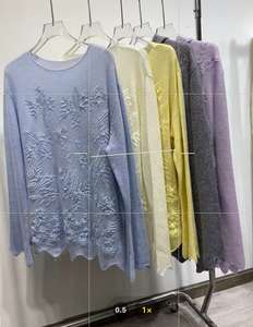 Suéter de <span class=keywords><strong>mujer</strong></span> con cuello redondo informal de primavera 100% Cachemira Color sólido hueco de punto fino ligeramente <span class=keywords><strong>transparente</strong></span> botón Base de encaje - Product Image 3