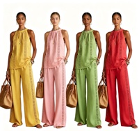 Mode européenne et américaine, nouveau haut sans manches en dentelle ajourée rétro confortable pour femmes et pantalon large, ensemble deux pièces