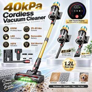 เครื่องดูดฝุ่นไร้สาย OEM 40000Pa มอเตอร์ไร้แปรงถ่าน แบตเตอรี่ถอดได้ หน้าจอสัมผัส LED สำหรับดูดขนสัตว์ พรม พื้นบ้าน - Product Image 1