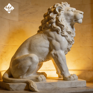 Escultura de León Sentado Hecha a Mano con Piedra Natural Europea, León Guardián de Mármol Puro, Decoración Artística Occidental para Jardín o Parque - Product Image 4