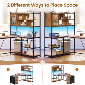 SENYU <b>L</b> <b>Shaped</b> Wooden Computer <b>Desk</b> With Bookshelf Storage Drawers Rustic Brown Office Workstation Corner <b>Desk</b> - Product Image 4