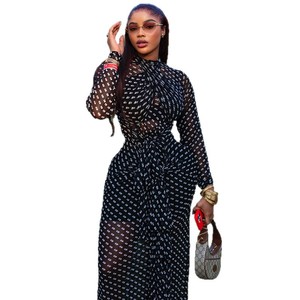 Abito Lungo Stile Europeo-Americano con Stampa a Pois, Vita Avvolgente, Collo Alto e Maniche Lunghe - Product Image 5