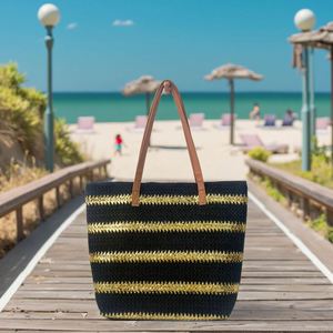 Luxury Gold Striped Tote <b>Bag</b> Summer Large Capacity Straw Tote <b>Bags</b> Outdoor Travel <b>Beach</b> Straw <b>Bags</b> - Product Image 1