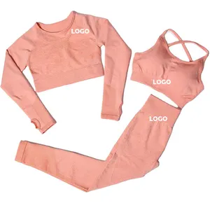 Conjunto de roupa de yoga em massa, reciclar tecido 3 pçs, conjunto de roupa de esporte para mulheres, conjuntos de yoga em tecido respirável, impressão de logotipo personalizada, roupas de academia