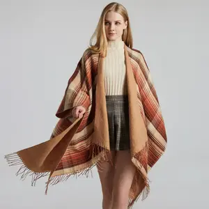 Mode Open Voorzijde Plaid Poncho Voor Vrouwen Elegante Sjaal Wrap Trui Voor Herfst Winter