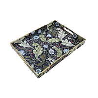 Plateau de service rectangulaire élégant fait main avec poignées découpées, motif floral vintage William Morris, bord doré, en plastique pour la cuisine