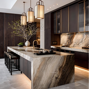Meubles de cuisine de luxe complets JINGSHUN, armoires en mélamine laquée avec îlot en pierre frittée pour projets de villas et d'appartements - Product Image 1