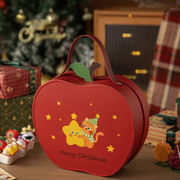 Boîte cadeau de Noël en forme de pomme avec motif de chat de dessin animé, poignée en cuir, insert de feuille 3D, boîte en papier rouge grande capacité pour les fêtes