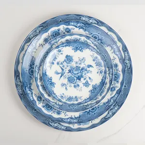 antique dinnerware sets fine bone china blue and white pattern dinner plates sets with Blue rim