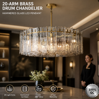 Lustre en laiton à 20 bras avec verre martelé et éclairage LED pour salon, hôtel, villa - Vente en gros