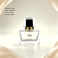 Flacon de parfum en verre transparent carré de 30 ml à base épaisse, flacon pulvérisateur de parfum vide avec bouchon en acrylique, logo personnalisé YM
