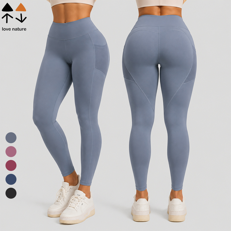 Women's High Waist Yoga Leggings Mesh Side Pocket Tummy Control Peach Lift Soft Stretch Breathable Gym Running Workout Pants