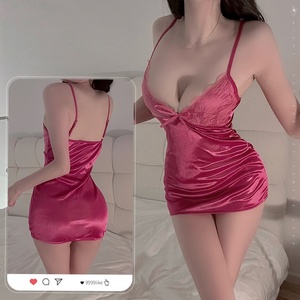 Robe de lingerie sexy en satin pour femme 2026 avec nœud sur le devant et coussinet de poitrine, lingerie avec string - Product Image 1