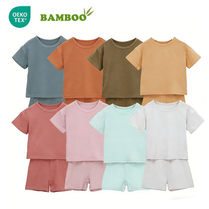 Logotipo personalizado de 20pcs Sólido Verão Manga Curta Macio Do Bebê 2pcs Pijamas Set Roupas De Bebê De Bambu Set - Product Image 1