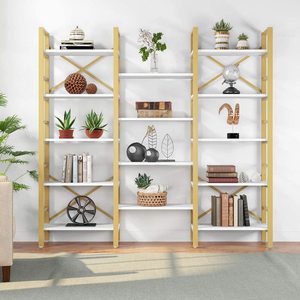 Libreria a 5 Ripiani Triple Wide in Oro e Bianco, Stile Industriale, Scaffali in Legno e Metallo, Mobili per Libreria - Product Image 2