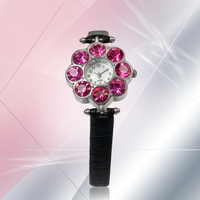 Jam Tangan Wanita Vintage Perak Kristal Pink Berbentuk Bunga dengan Tali Kulit Hitam Jam Tangan Perhiasan Kuarsa.