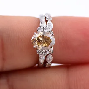 14k לבן זהב כלה טבעת סט עם 1.5cts סגלגל לחתוך צהוב moissanite יהלומי התאמה עם נצח טבעת להקה