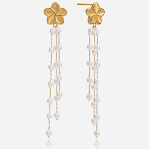 Boucles d'oreilles pendantes en forme de fleur avec perles, plaqué or 18 carats, perles d'eau douce de qualité AAA, bijoux de mariage, design à longues pampilles - Product Image 1