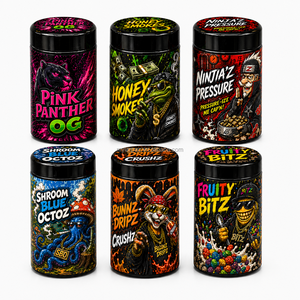 <strong>Large</strong> Stock 100ml 150ml New Styles UV Violet <strong>Glass</strong> Myron <strong>Jars</strong> <strong>with</strong> Stickers Easy Open Wide Mouth Candy Herb Flower Custom Print - Product Image 4