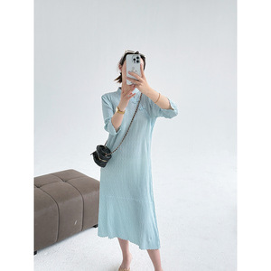 맞춤 디자이너 의류 여성용 플리츠 단정한 드레스 솔리드 컬러 우아한 긴 소매 캐주얼 고급스러운 원사이즈 드레스 - Product Image 6