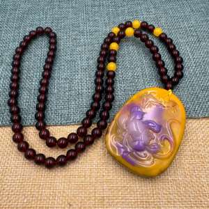 Ethnic Style Beeswax Resin Pendant <b>Long</b> <b>Necklace</b> Trendy Purple Amber Carved Beaded Sweater Chain Lady Neck Chain Men Jewelry - Product Image 6