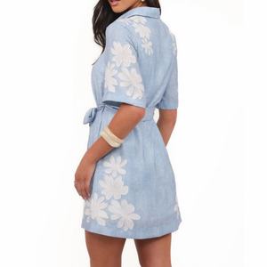 Nuevo Vestido Camisero de Lino con Cinturón y Bordado Floral para Mujer, Vestido Mini Casual de Manga Corta con Botones - Product Image 2