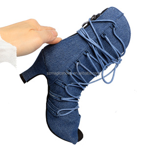 Nuevos zapatos de baile Wedopus Denim clásico azul Latino <span class=keywords><strong>Samba</strong></span> Cha zapatos de baile Tacón con cordones botas de baile de moda 6CM - Product Image 5