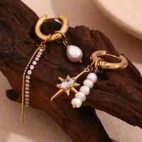 Boucles asymétriques perle eau douce zircon, créole étoile huit branches, acier inoxydable doré