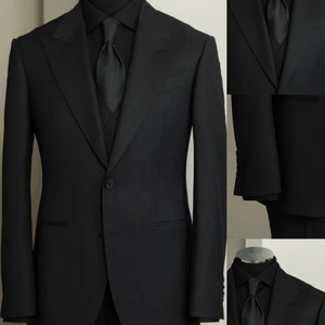 Costumes sur mesure, fabrication directe en usine, logo et broderie personnalisés, <span class=keywords><strong>costume</strong></span> noir pour <span class=keywords><strong>homme</strong></span> en 70% laine, demi-toile, poche basse - Product Image 1