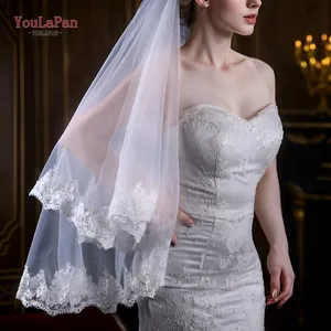 YouLaPan V79 2024 venta al por mayor hermoso velo de novia doble capa bordado encaje estilo corto con peine mujer boda velo colorete
