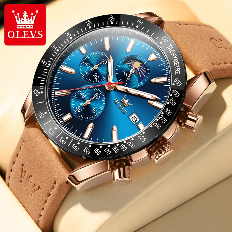 OLEVS adam için 9980 yeni lüks Quartz saat Oem özel sıcak satış stilleri hakiki deri çok fonksiyonlu aydınlık kronograf