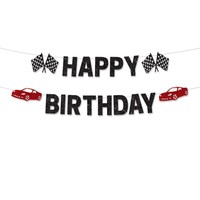 Bannière d'anniversaire Voiture de Course Noire et Rouge – Décorations Joyeux Anniversaire pour Fêtes et Célébrations