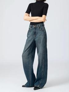 OEM loed High Rise <span class=keywords><strong>larghi</strong></span> <span class=keywords><strong>Jeans</strong></span> <span class=keywords><strong>larghi</strong></span> da mamma da donna blu scuro con bottone con rivetto ricamato lungo drappeggio Casual in vita da lavare con scimmia - Product Image 3