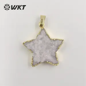 WT-P1828 Wholesale fashion gold trim natural druzy quartrz stone star pendant with Aura Brightly crystal quartz Aura Star stone