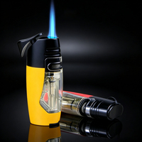 Briquet torche à jet de butane portable multicolore en alliage de zinc rechargeable avec grand réservoir de carburant visible