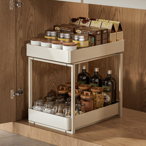 Double Layer Pull Out <b>Storage</b> Rack Stainless Steel Rectangle Kitchen Cabinet Organizer Tiered <b>Drawer</b> Style Multifunctional - Product Image 1