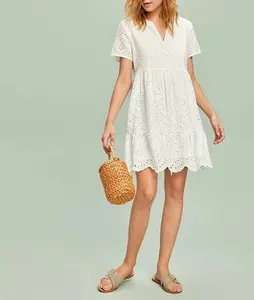 Женское Хлопковое платье с высокой талией, повседневное укороченное платье большого размера с коротким рукавом, V-образным вырезом и вышивкой, пляжная одежда, лето 2020