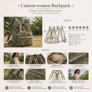 Mochila de Lona Bohemia Personalizada con Cordón, Estampado de Hojas Tropicales para Mujer, Bolsa de Viaje Diaria de 15-20L - Product Image 1