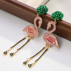 European American Style Flamingo <b>Earrings</b> Diamond-Encrusted Long Tassel Drop Dangle Creative Light Luxury Design for Gift - Product Image 1