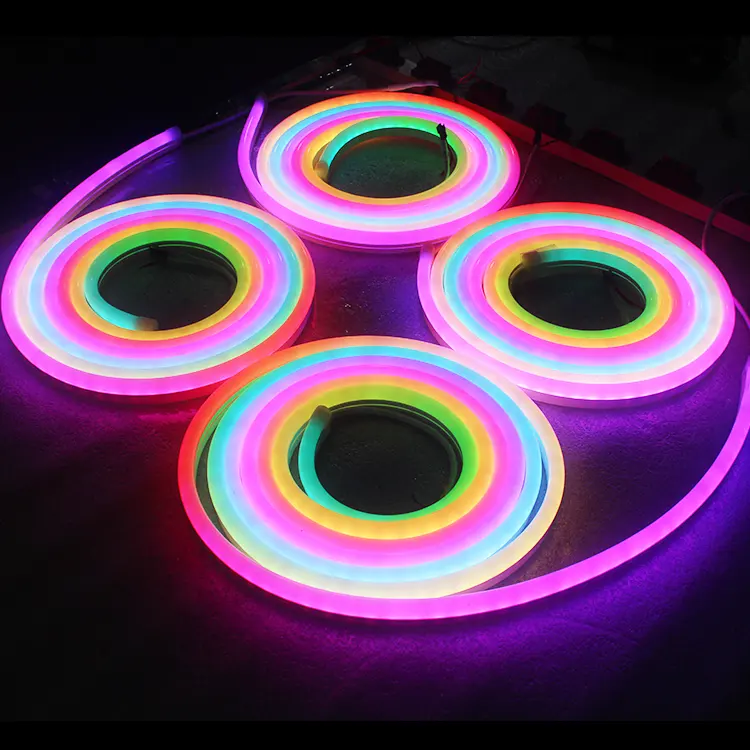 เชือกริบบิ้นยืดหยุ่น Rgb สีฟ้าขนาดเล็ก12V Flex Led ไฟนีออนกันน้ำ Ip67กลางแจ้ง Smd 2835 360รอบ Ws2811พิกเซล50เมตร