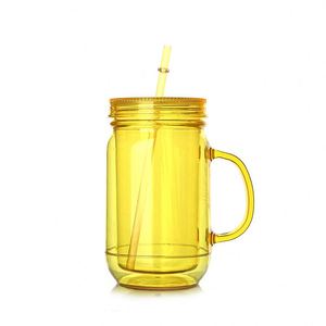 Custom Logo Colorful 16oz 17oz clear Plastic Double Wall Mason <b>Jug</b> Jar with Lid and Handle - Product Image 2