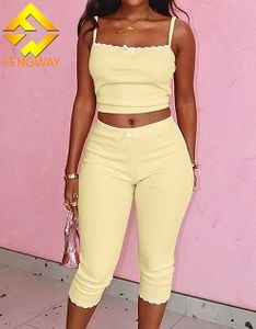 Summer 2 Piece <strong>Outfits</strong> Woman Casual <strong>Pink</strong> Ribbed Knitted Top and Cropped Pants Sets Women - Product Image 2