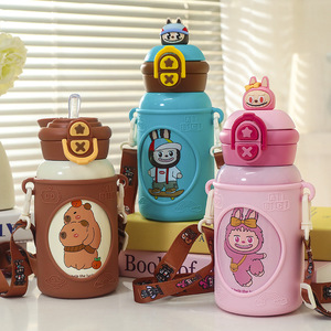 Children Cartoon Stainless Steel Vacuum <b>Flask</b> 500Ml Leak Proof Back To School Water <b>Bottle</b> With Strap - Product Image 1